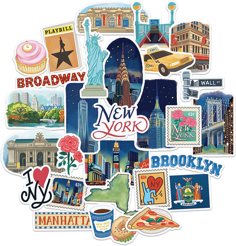Navy Peony Iconic New York State Travel Stickers (28 Pieces)
