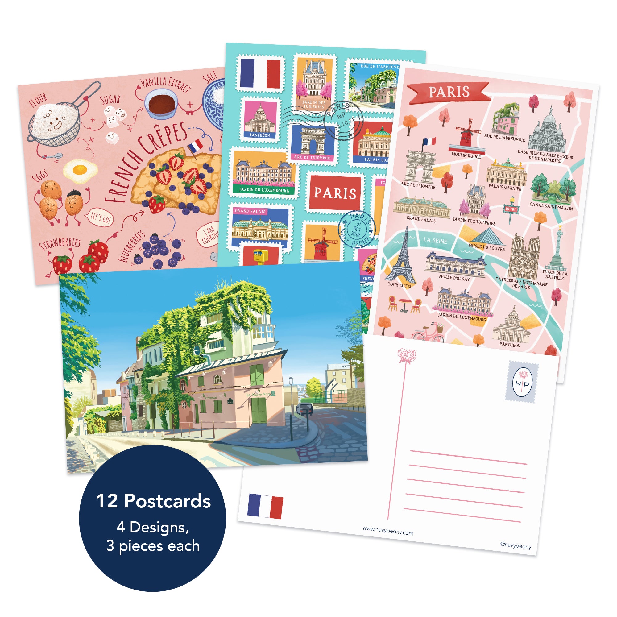 Paris Travel Postcards 4"x6", 12 Pcs, 4 Designs