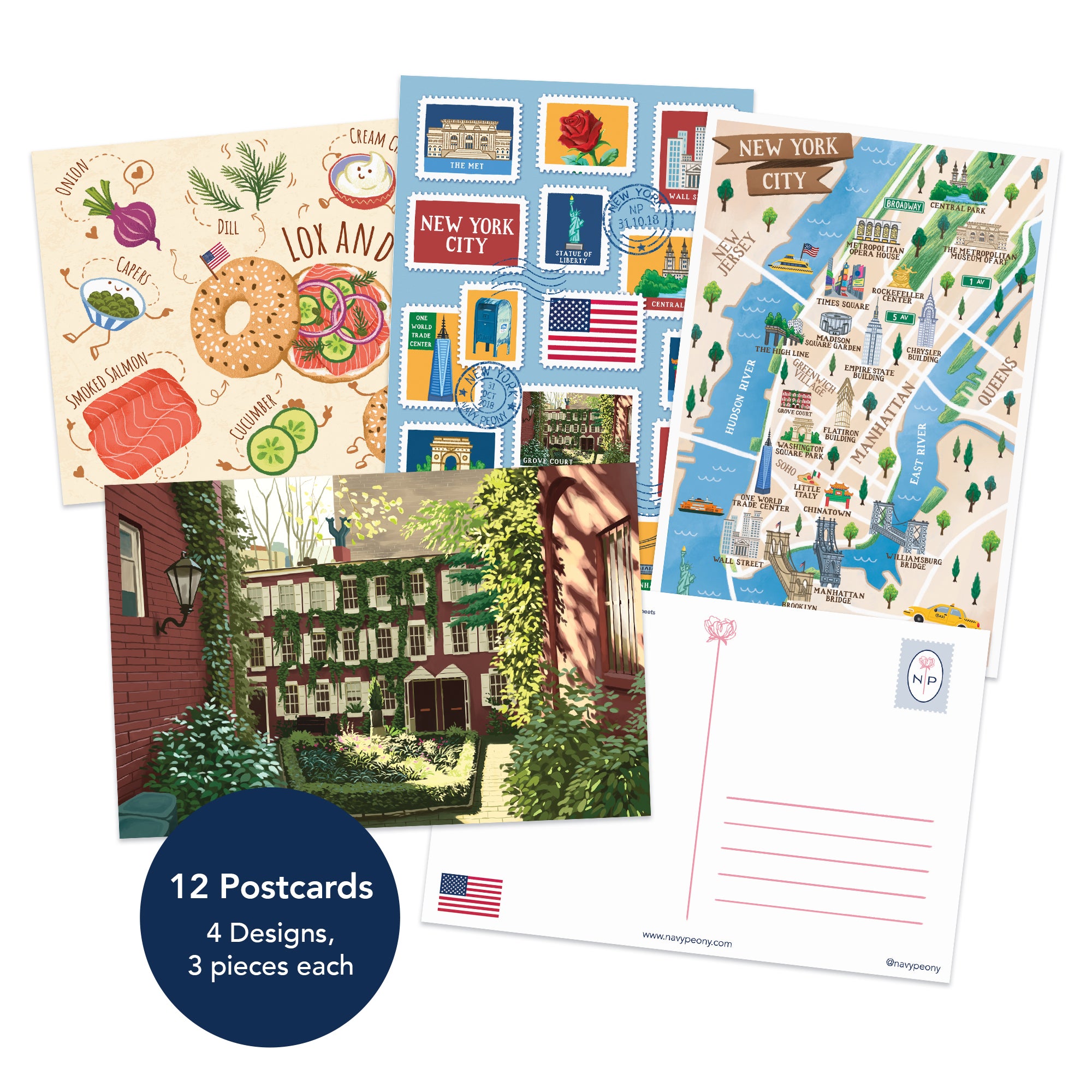 New York City Travel Postcards 4x6 Inches, 12 Pieces, 4 Designs