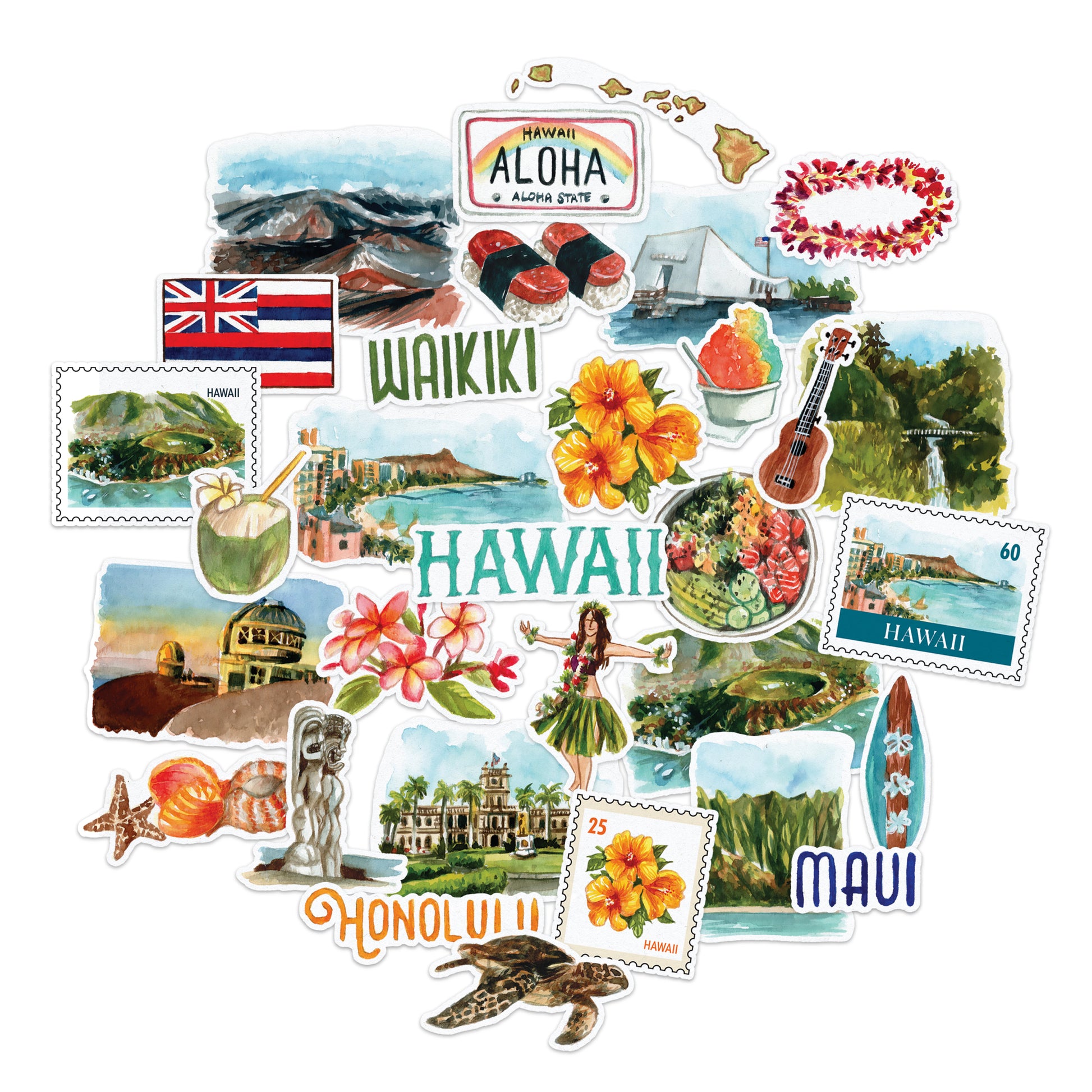 Exotic Hawaii State Travel Stickers (31 Pieces)