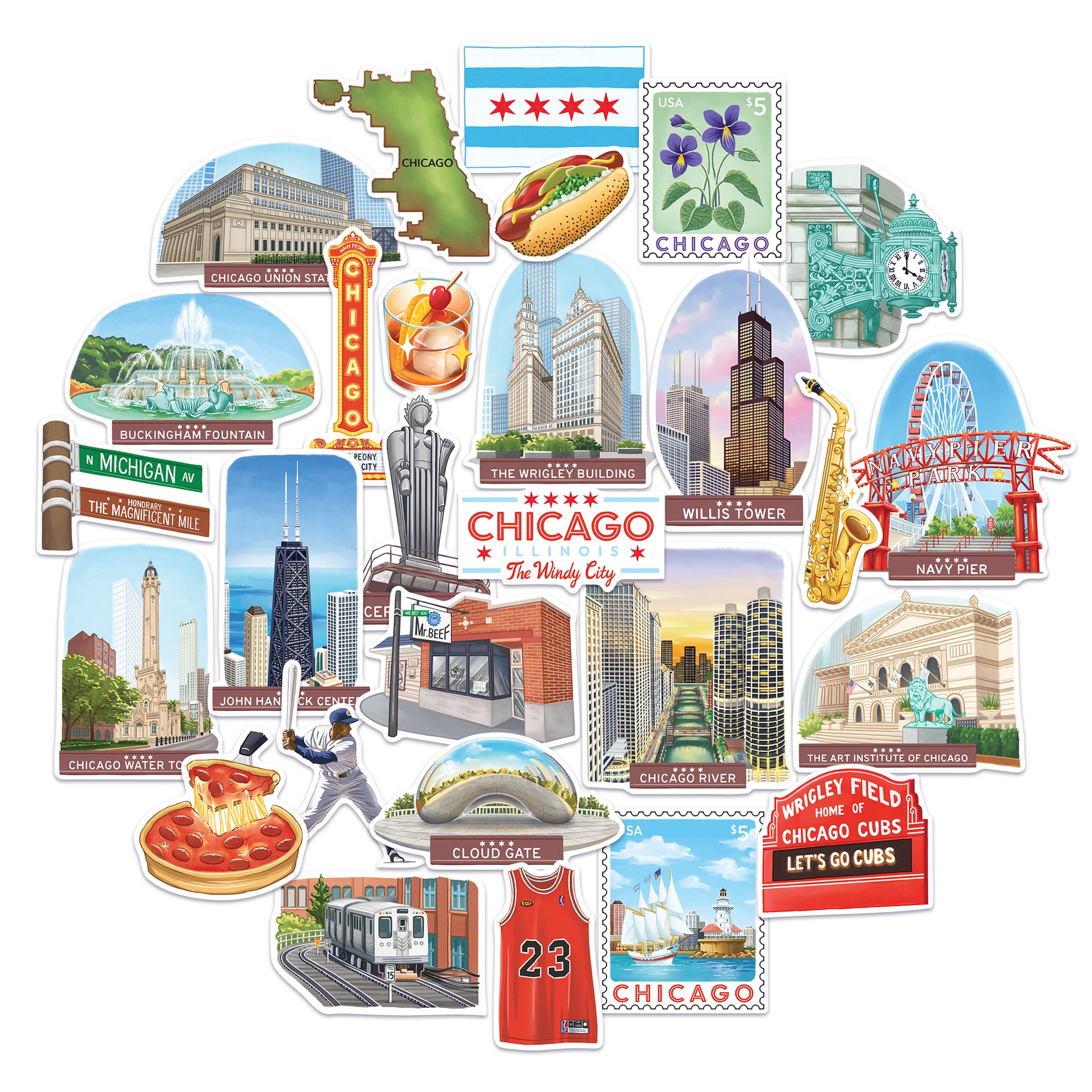 Windy Chicago Travel Stickers (28pcs)