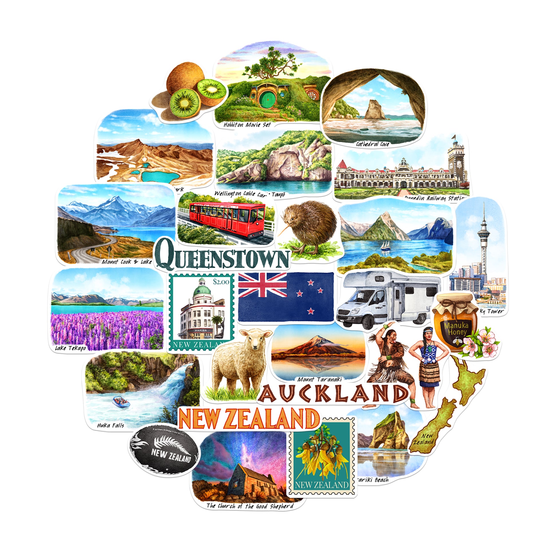 Tranquil New Zealand Travel Stickers (28pcs)