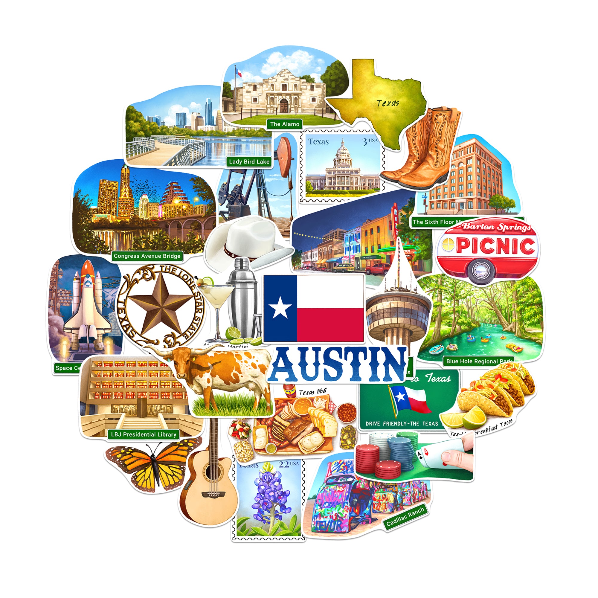 Thrilling Texas State Travel Stickers (28 pcs)