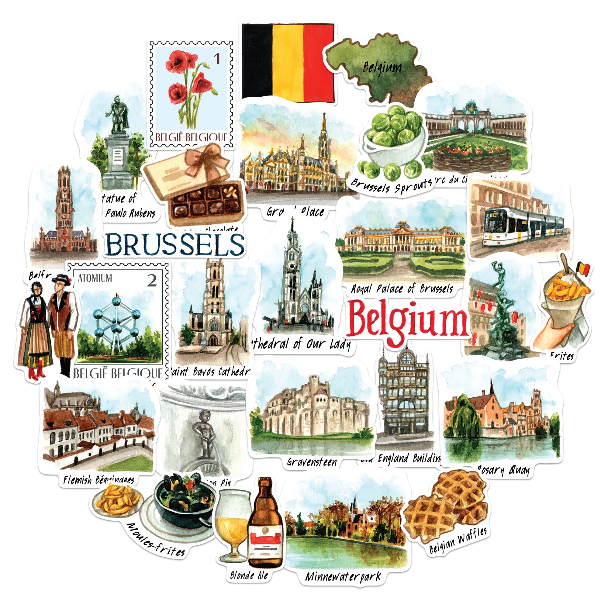 Beautiful Belgium Travel Stickers (28pcs)