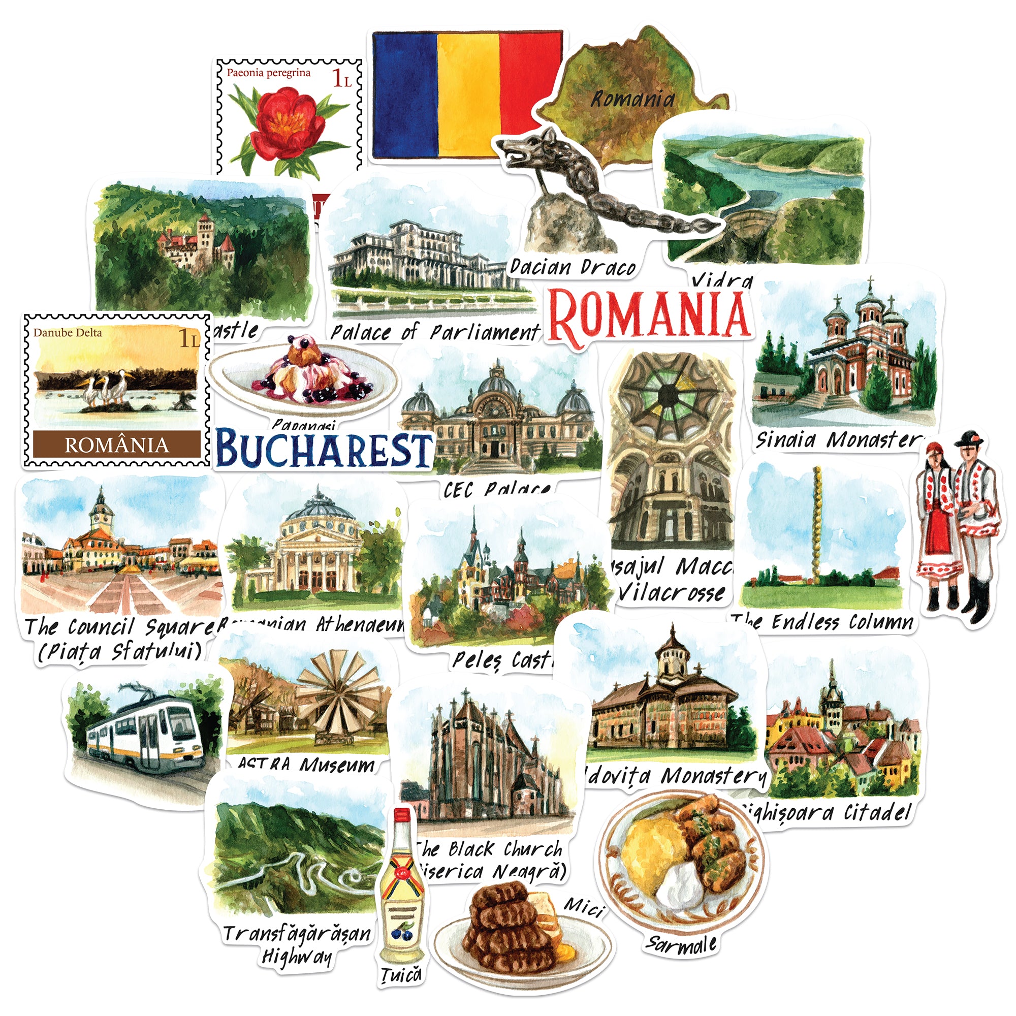 Remarkable Romania Travel Stickers (28pcs)