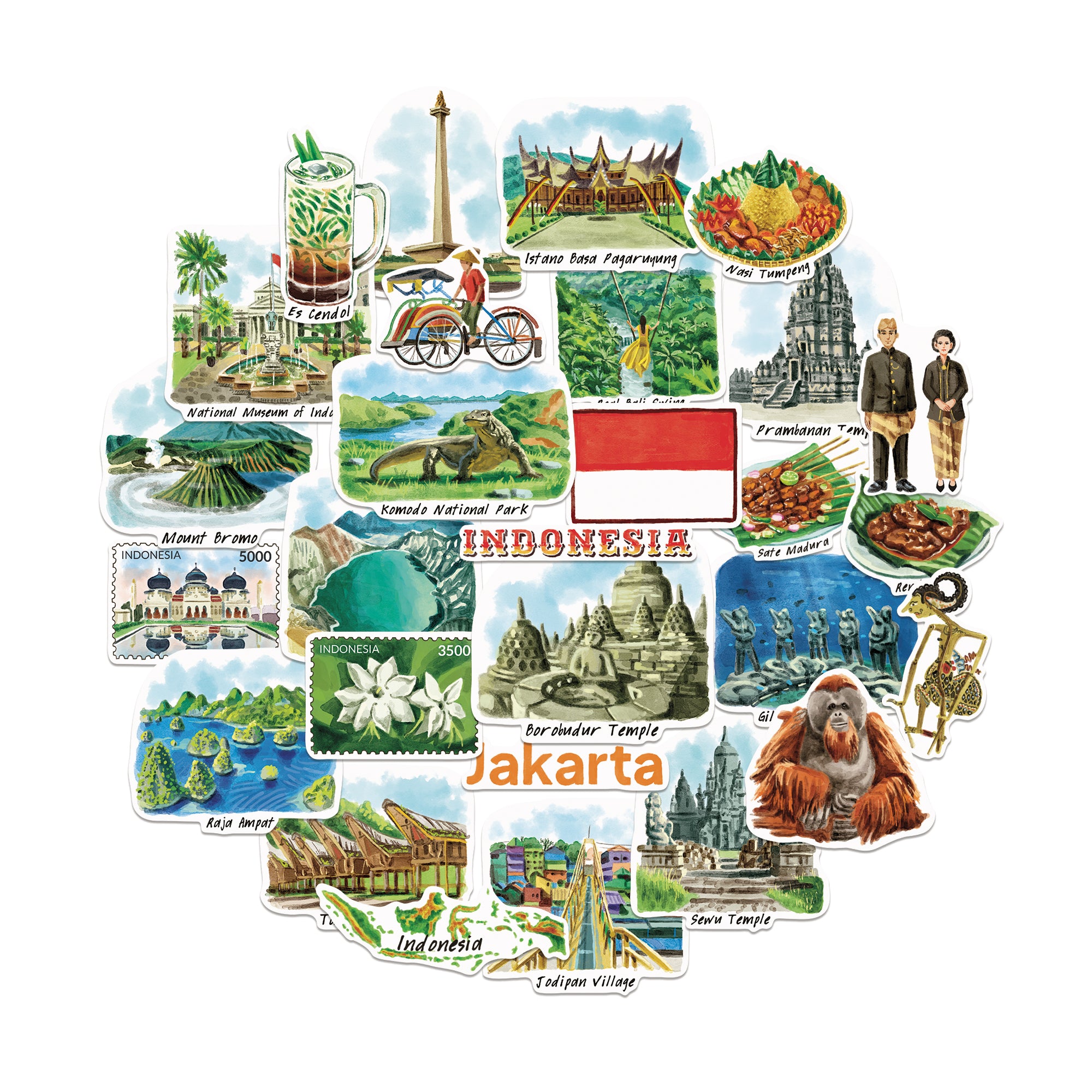 Diverse Indonesia Travel Stickers (28pcs)