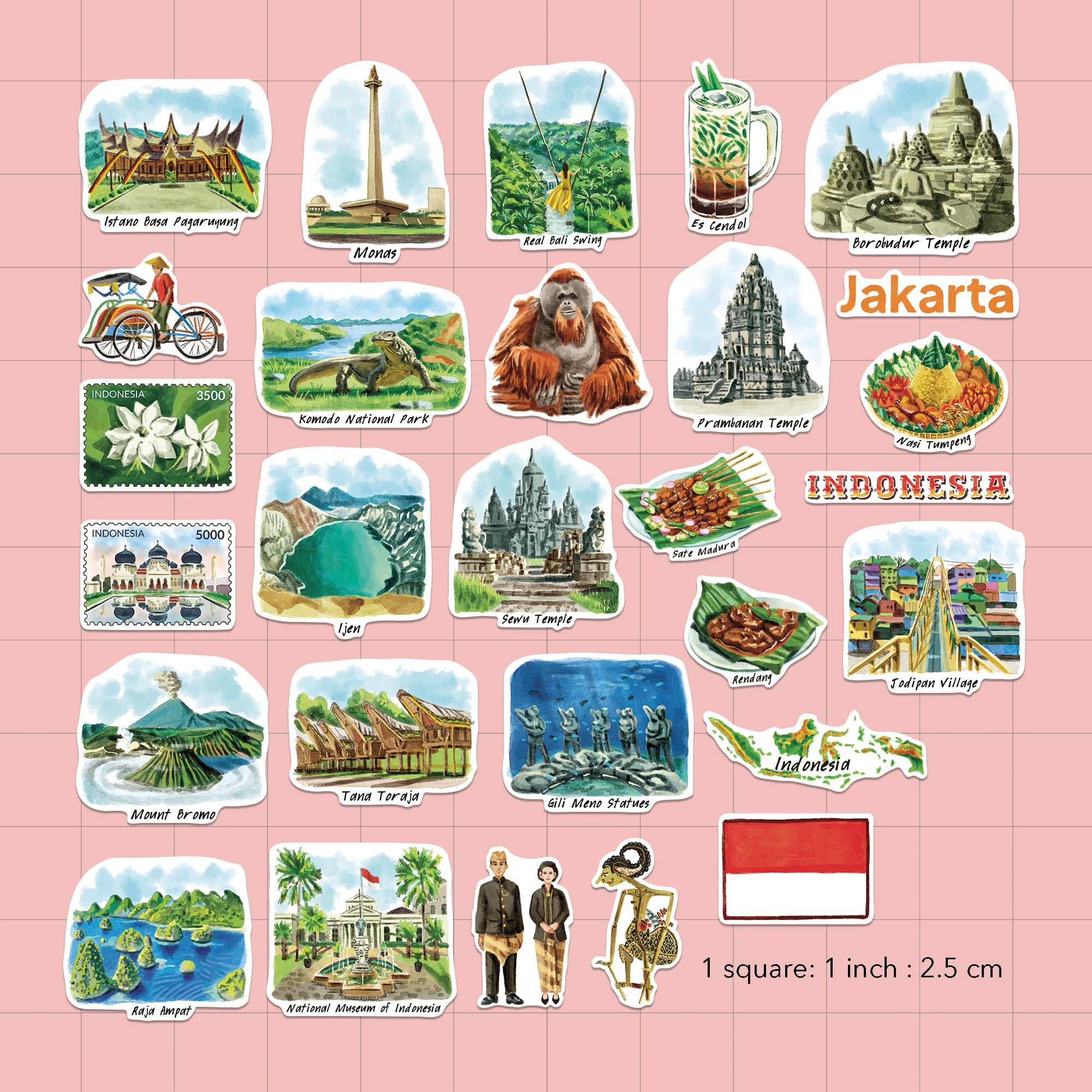 Diverse Indonesia Travel Stickers (28pcs)