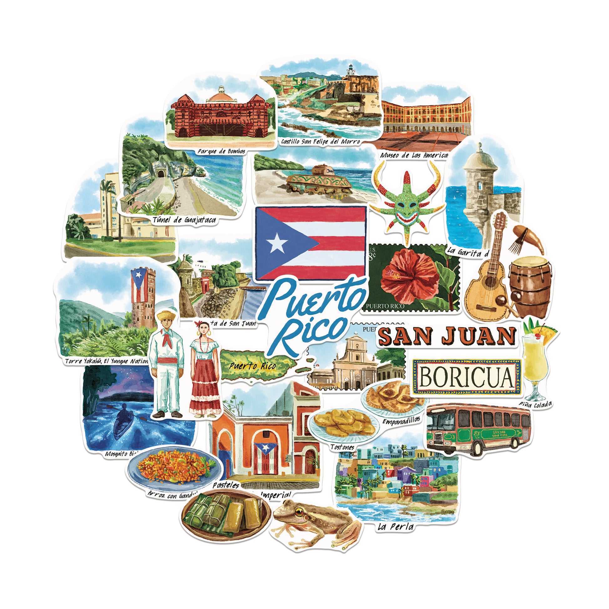 Tropical Puerto Rico Travel Stickers (28pcs)