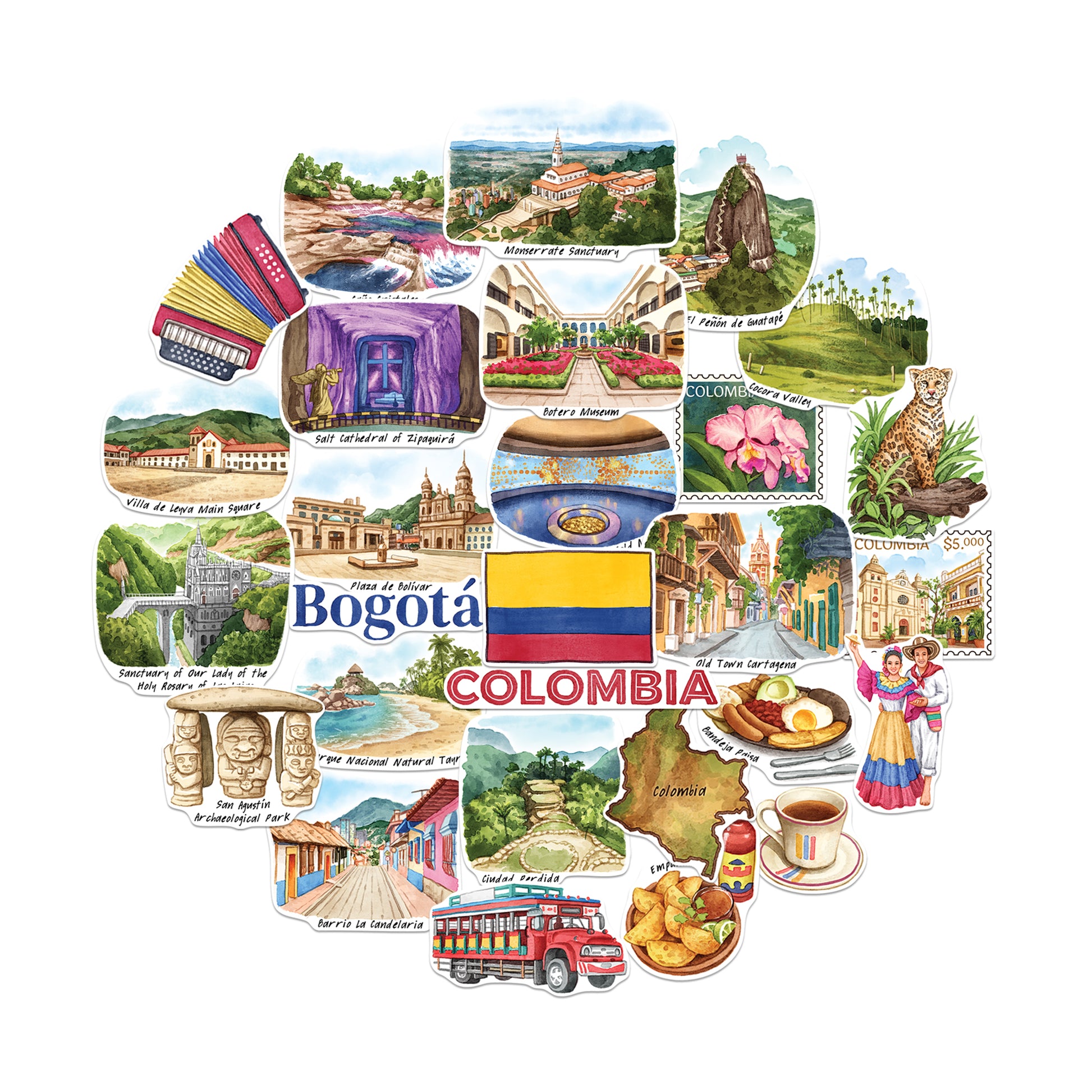 Colorful Colombia Travel Stickers (28pcs)
