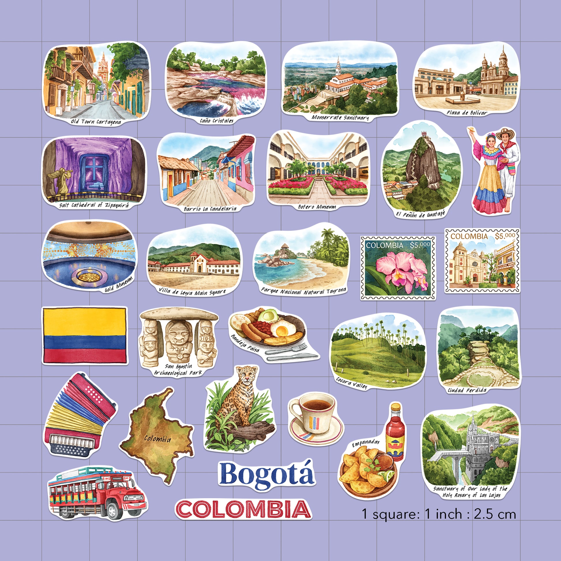 Colorful Colombia Travel Stickers (28pcs)