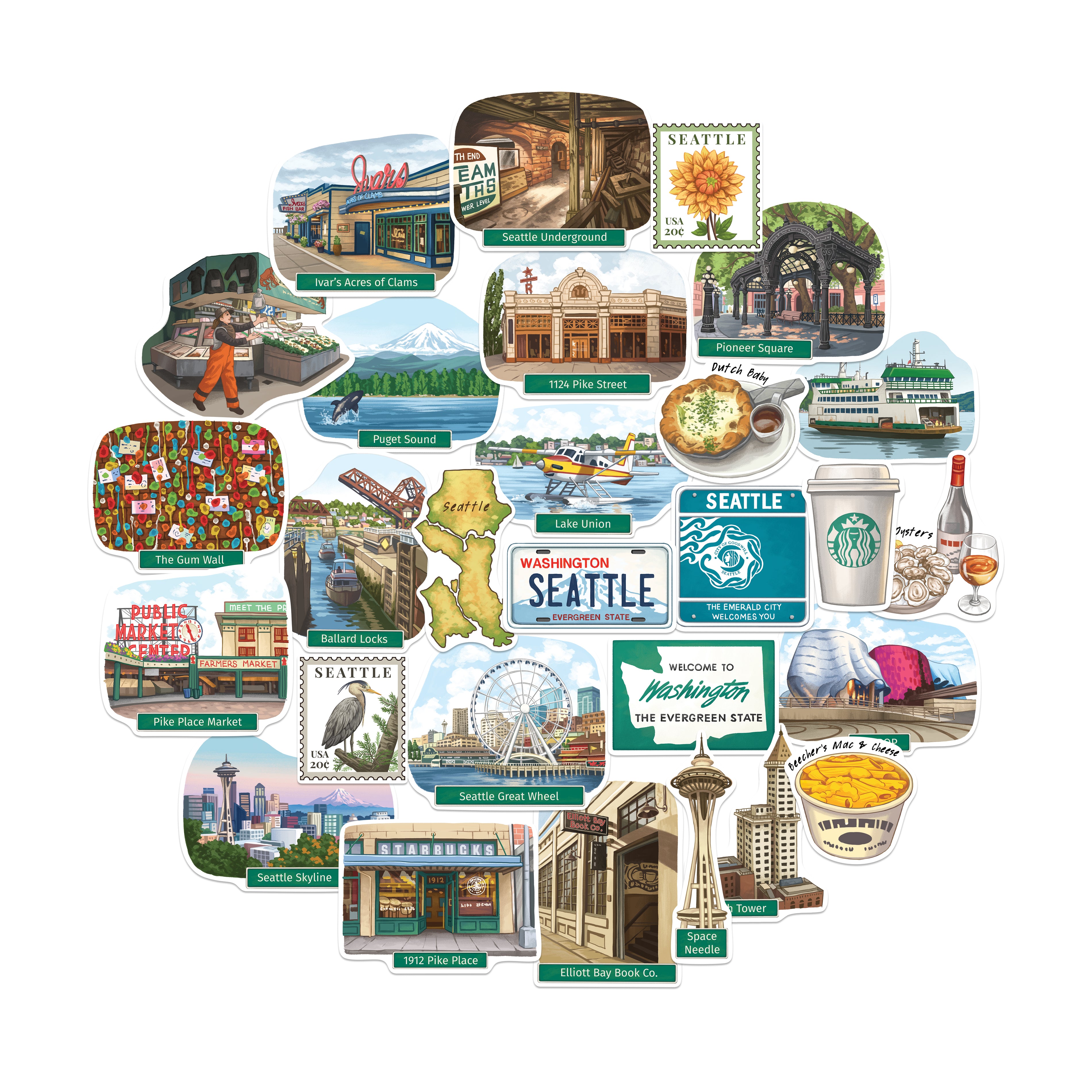 Evergreen Seattle Travel Stickers (28pcs)