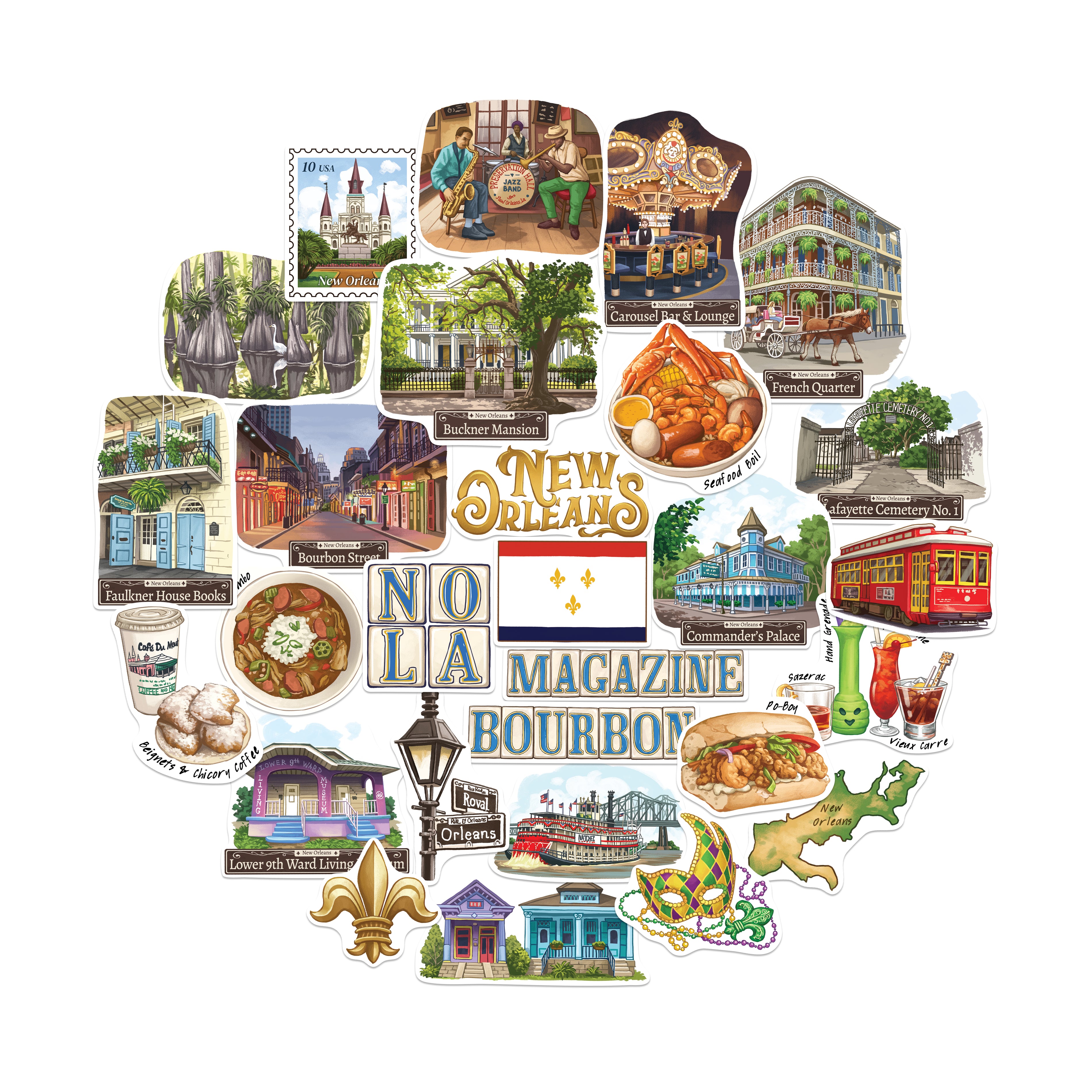 Jazzy New Orleans Travel Stickers (28pcs)