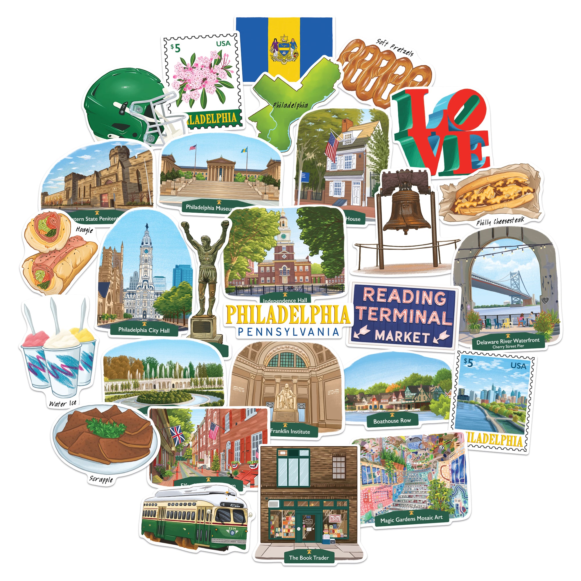 Artistic Philadelphia Travel Stickers (28pcs)
