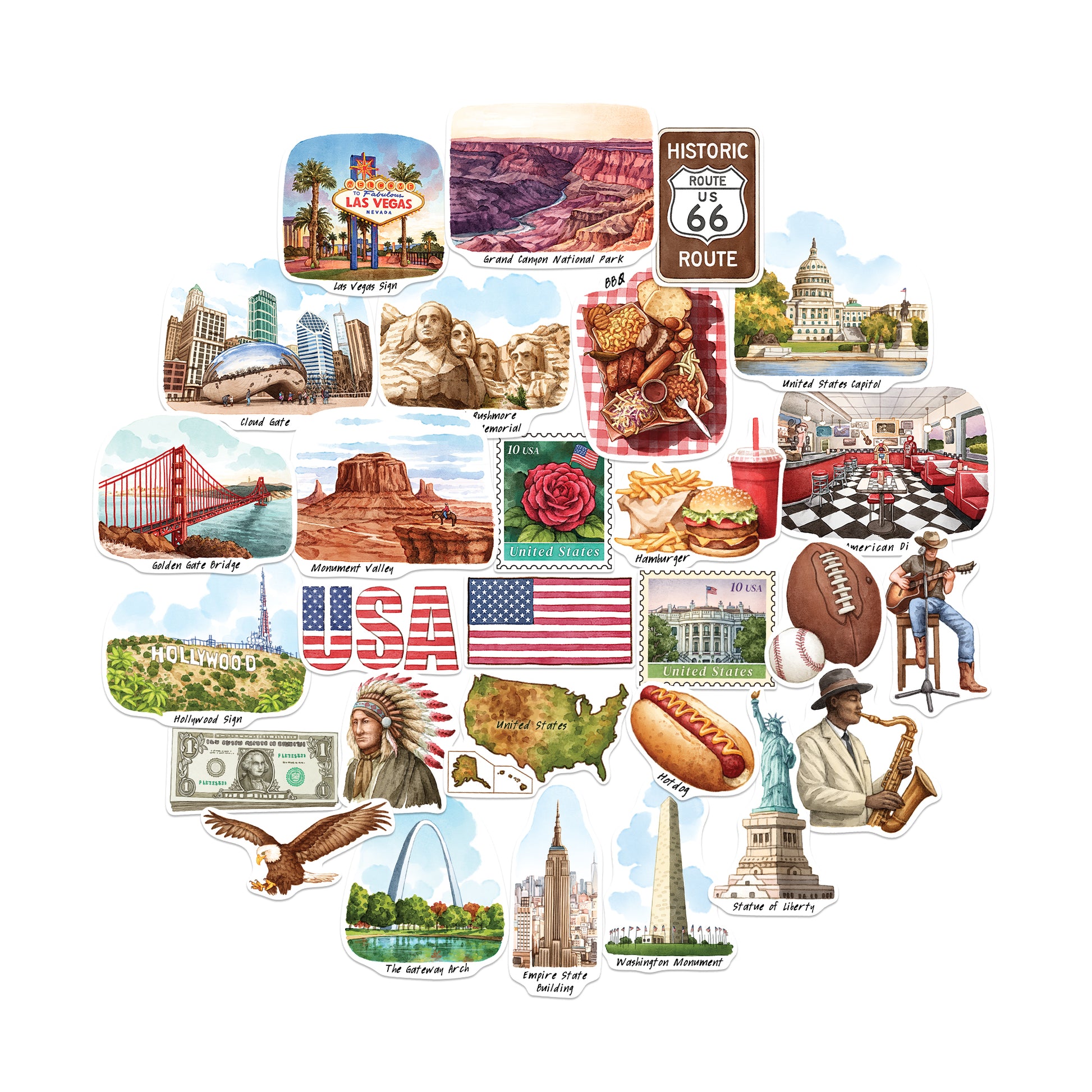 Iconic USA Travel Stickers (28pcs)