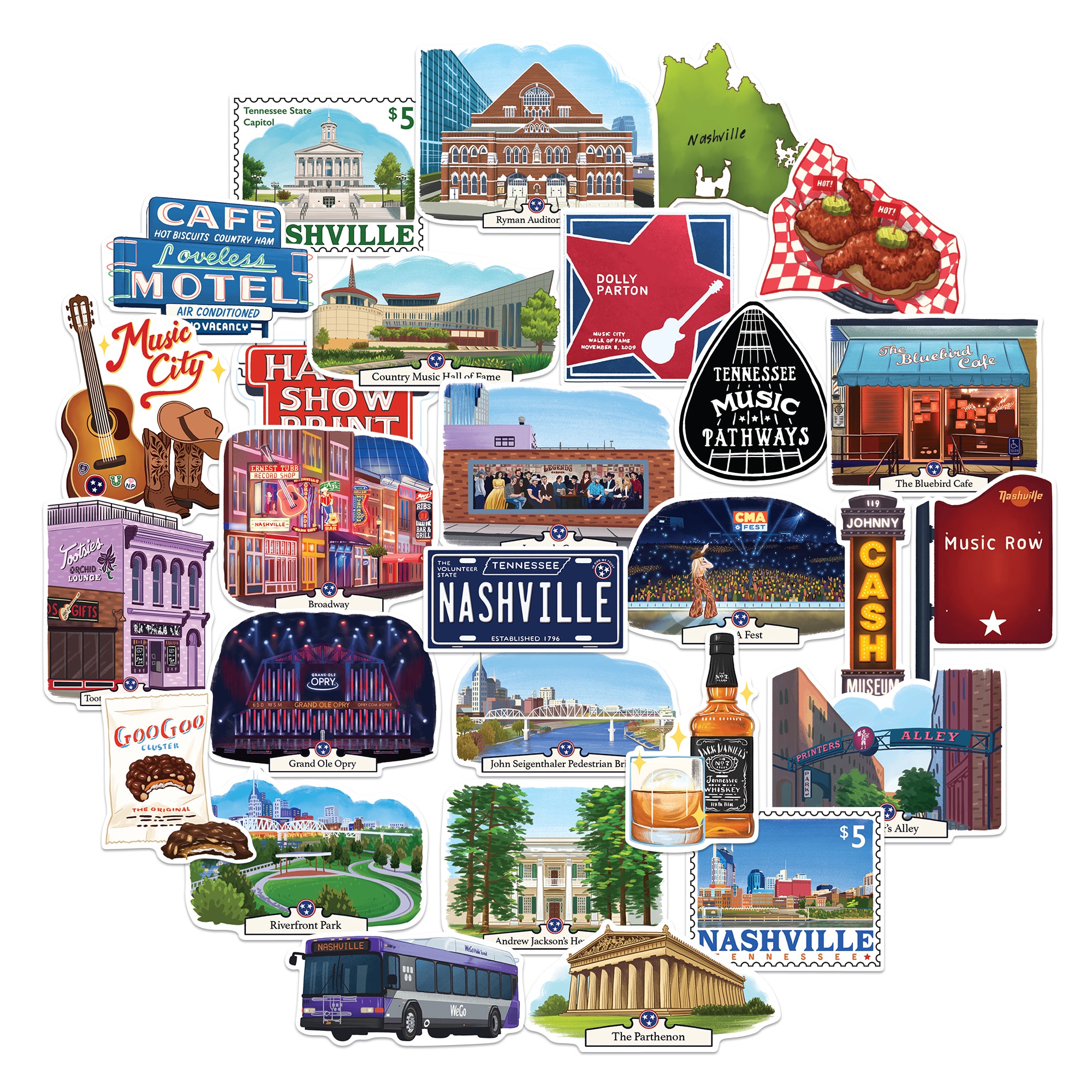 Lively Nashville Travel Stickers (28pcs)