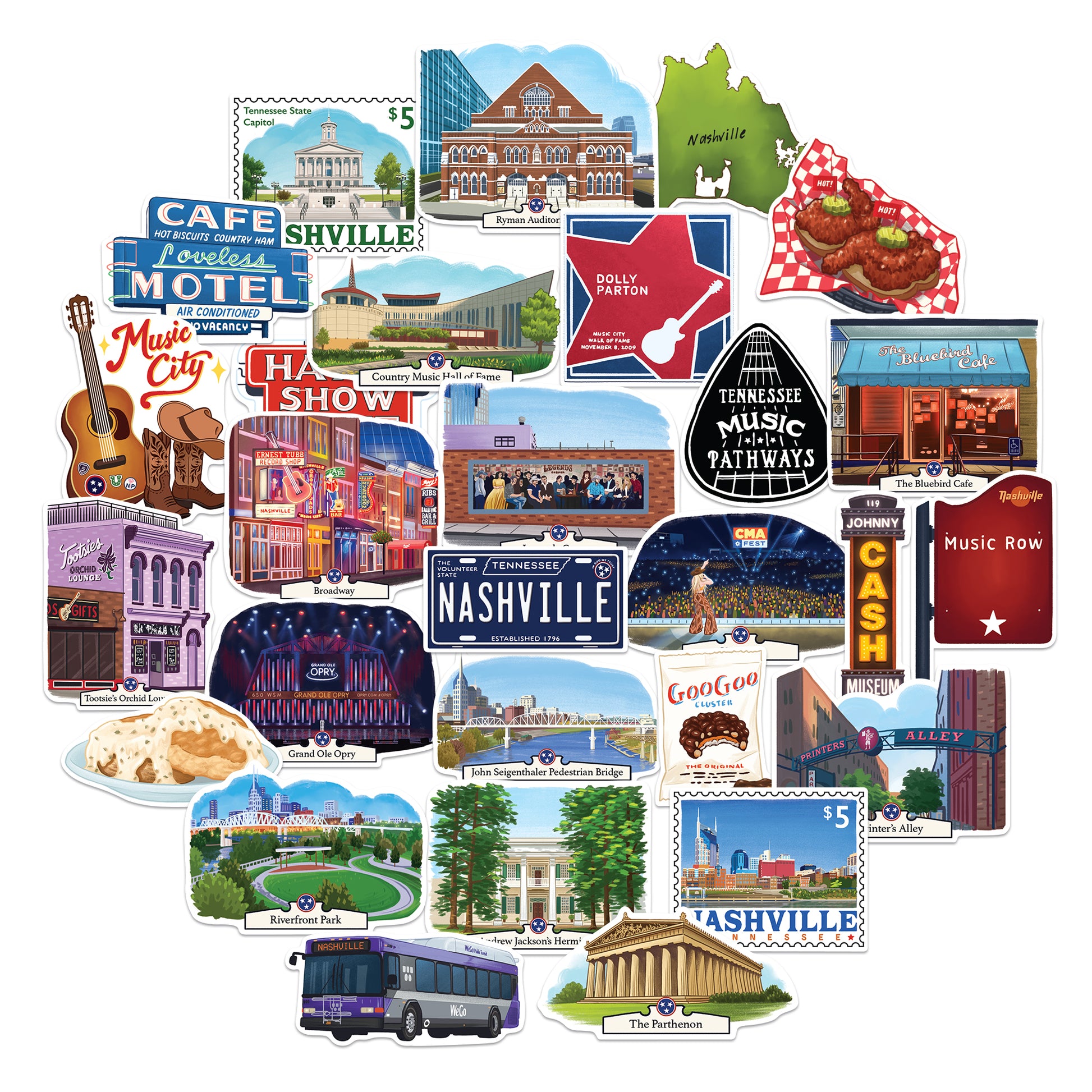 Lively Nashville Travel Stickers (28pcs)