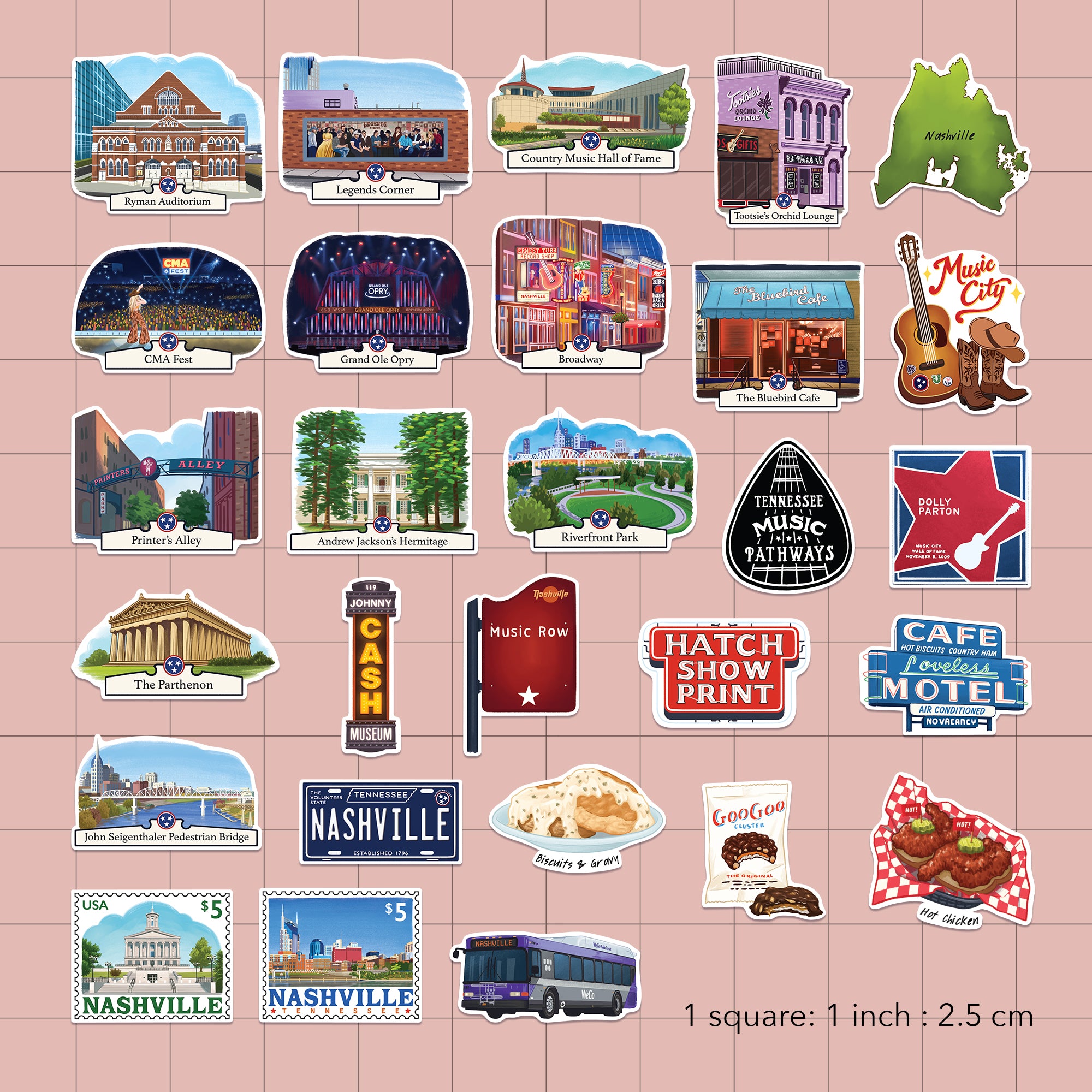 Lively Nashville Travel Stickers (28pcs)