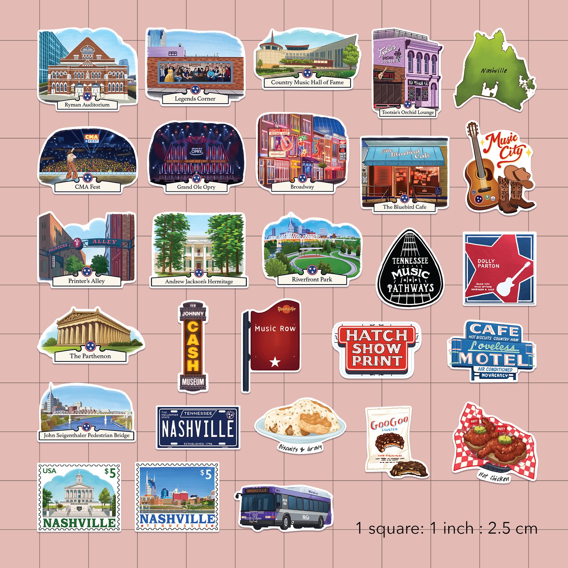 Lively Nashville Travel Stickers (28pcs)