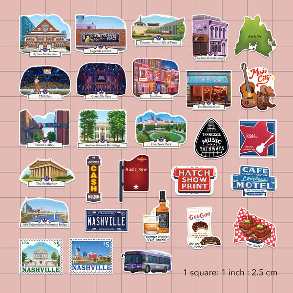 Lively Nashville Travel Stickers (28pcs)