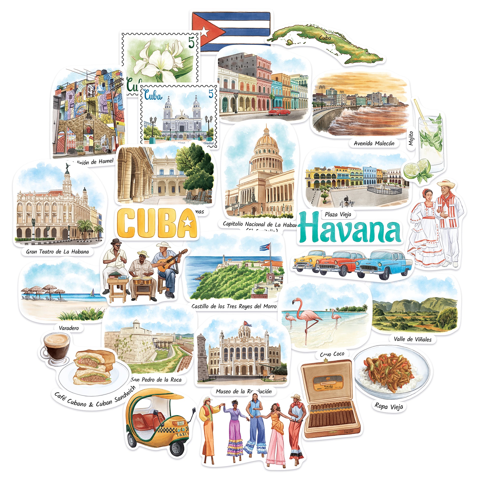 Rhythmic Cuba Travel Stickers (28pcs)
