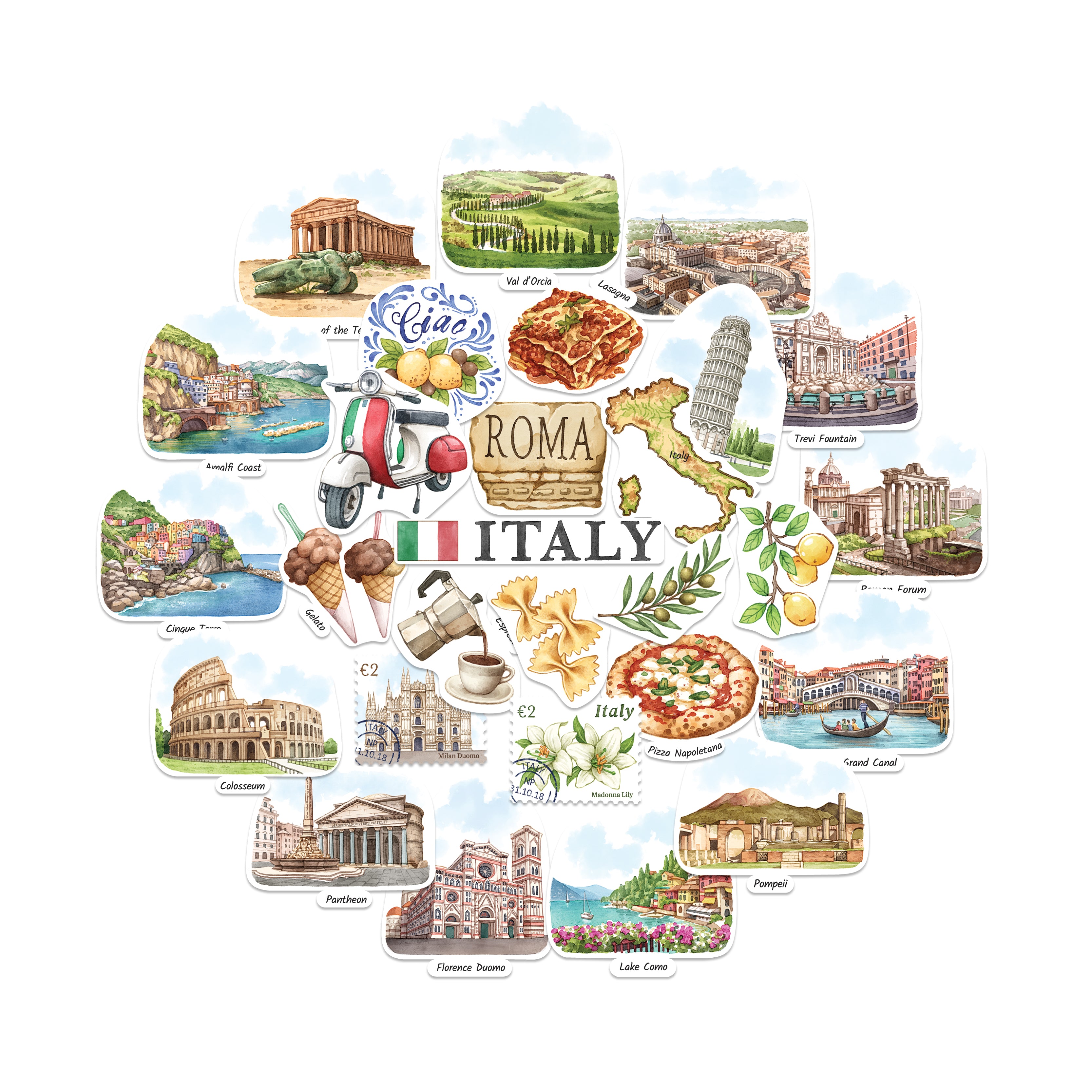 Indulgent Italy Travel Stickers (28pcs)
