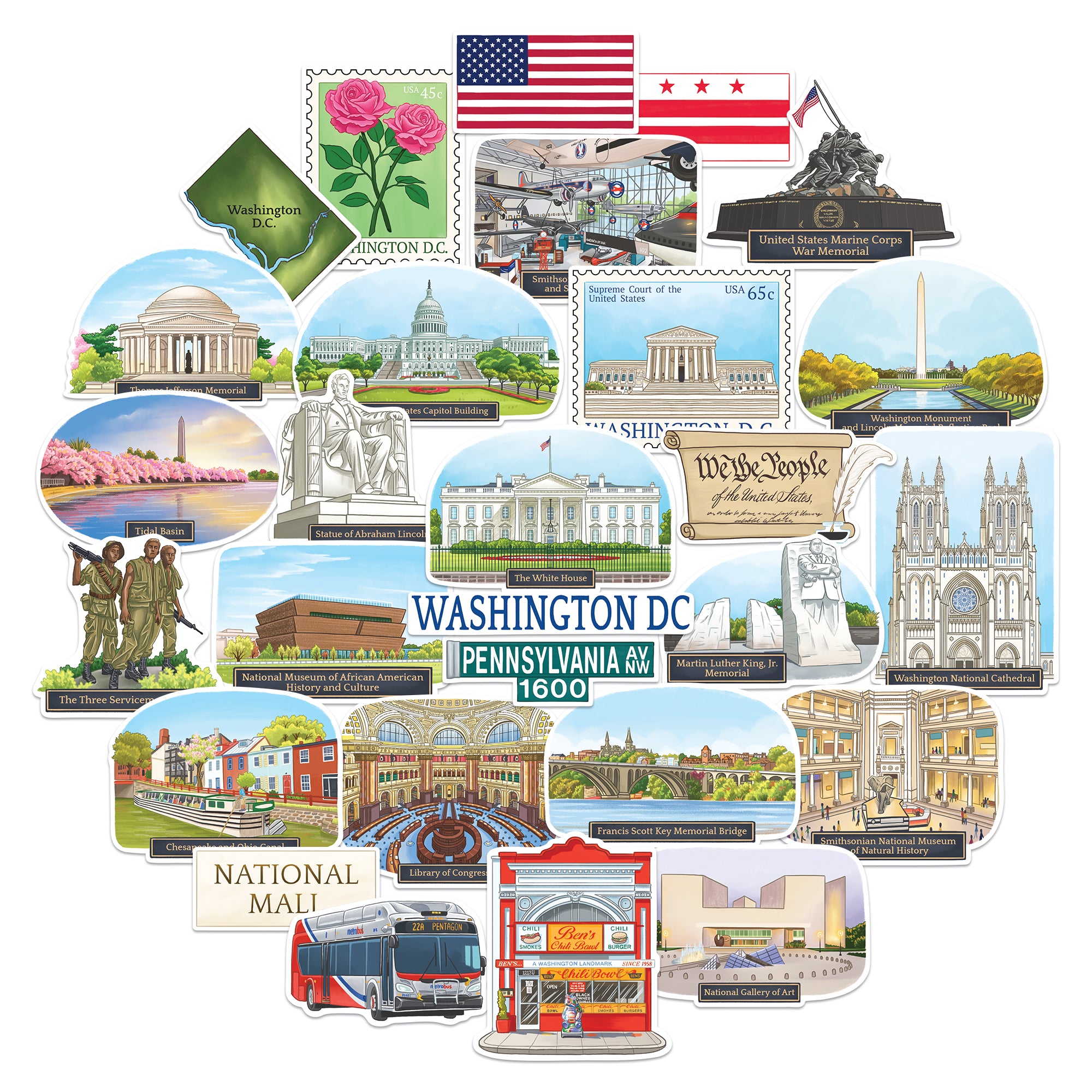 Monumental Washington DC Travel Stickers (28 pcs)