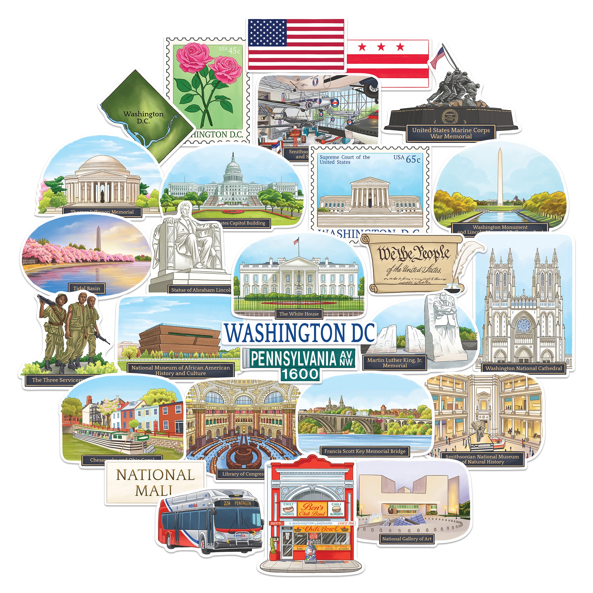 Monumental Washington DC Travel Stickers (28 pcs)