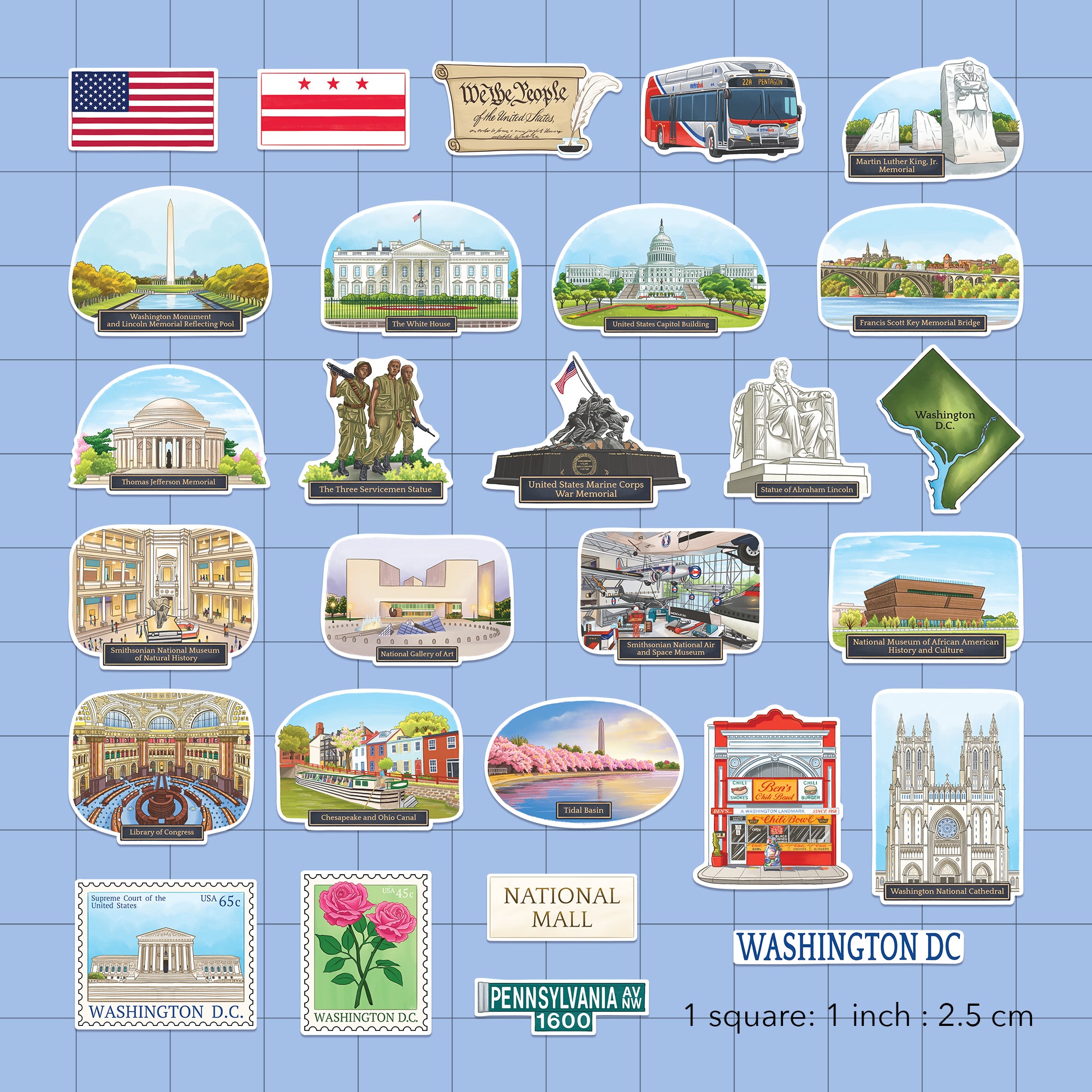Monumental Washington DC Travel Stickers (28 pcs)