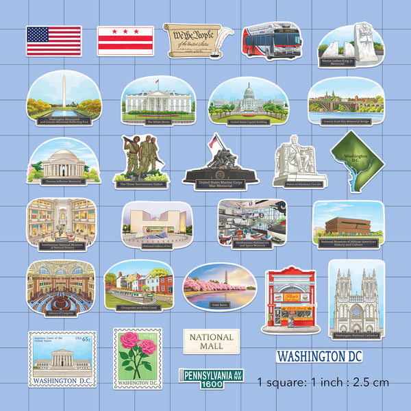 Monumental Washington DC Travel Stickers (28 pcs)
