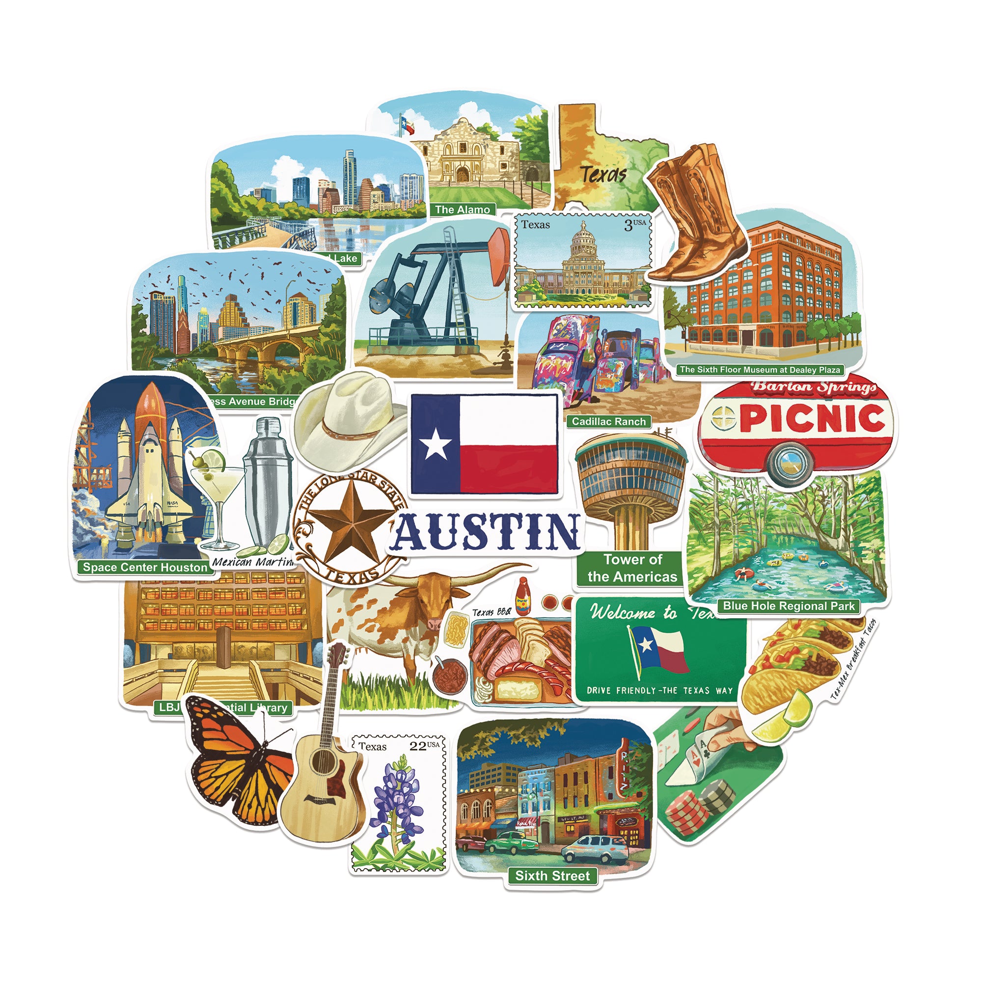 Thrilling Texas State Travel Stickers (28 pcs)