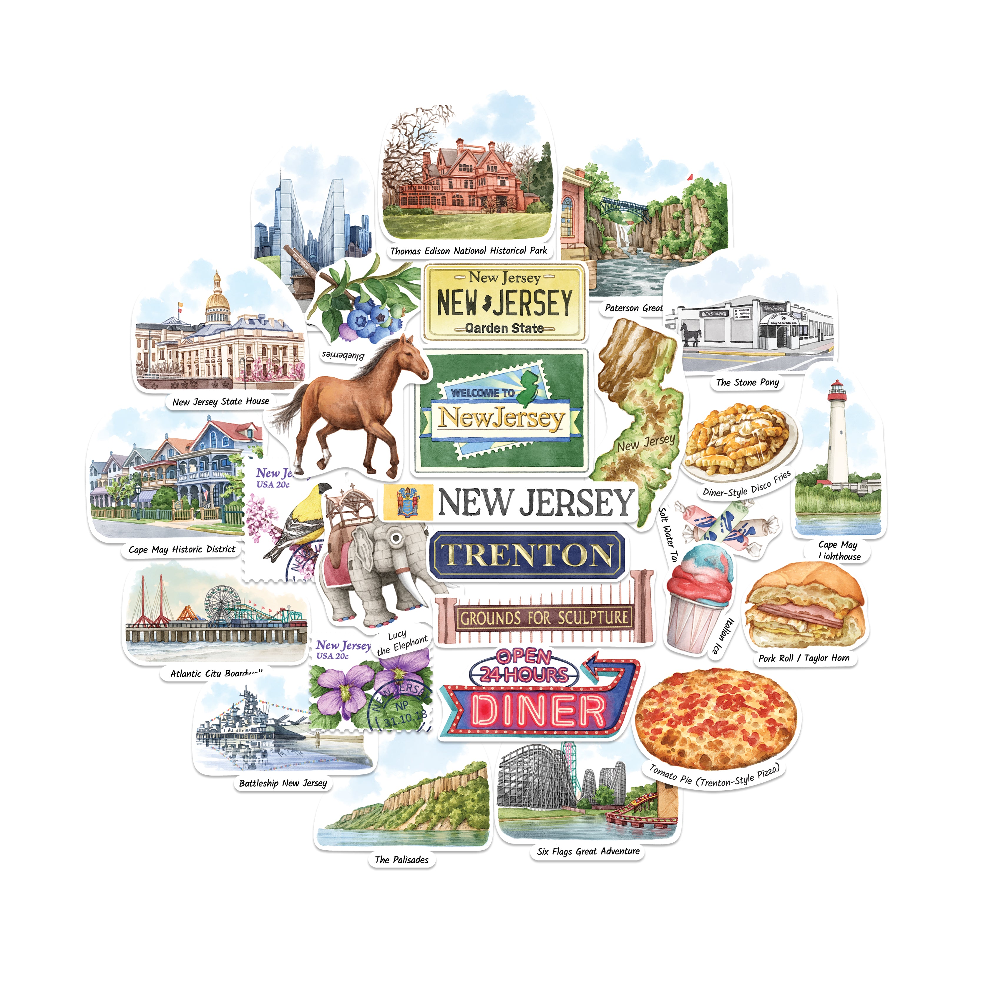 Nostalgic New Jersey State Travel Stickers (28pcs)
