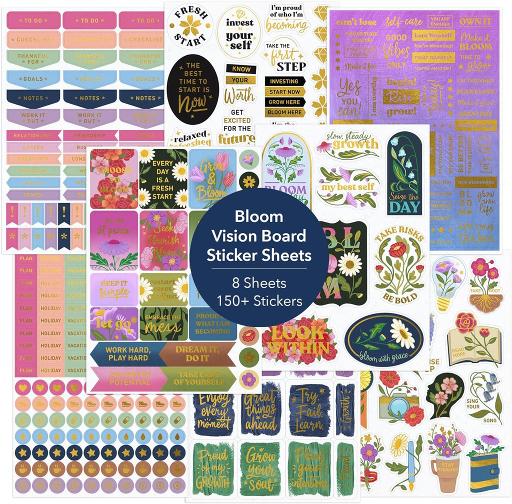 Navy Peony Bloom & Grow Vision Board Stickers (340 Stickers, 8 Sheets)