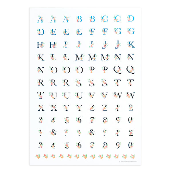 blue metallic foil floral letter alphabet stickers