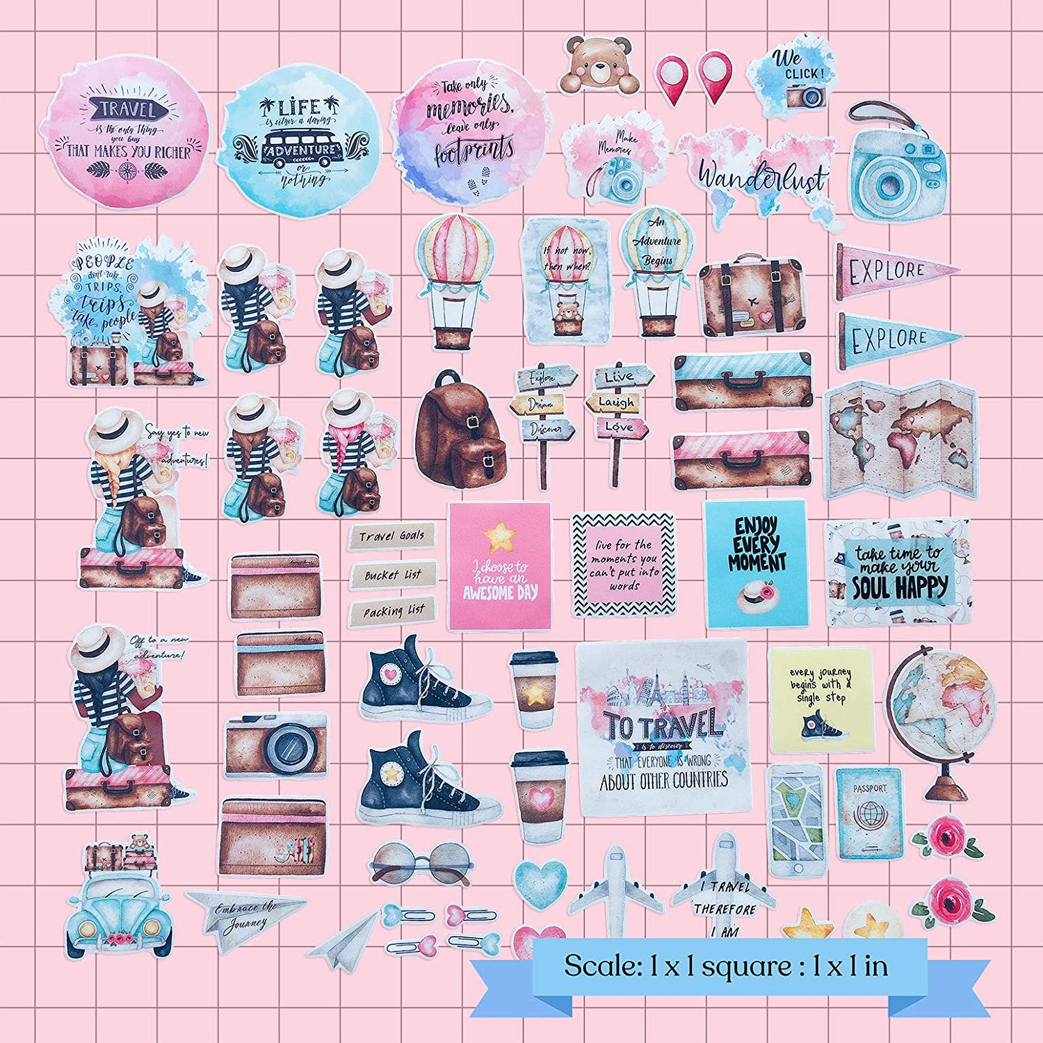 Adventurous Backpacker Travel Themed Stickers (65 pcs)