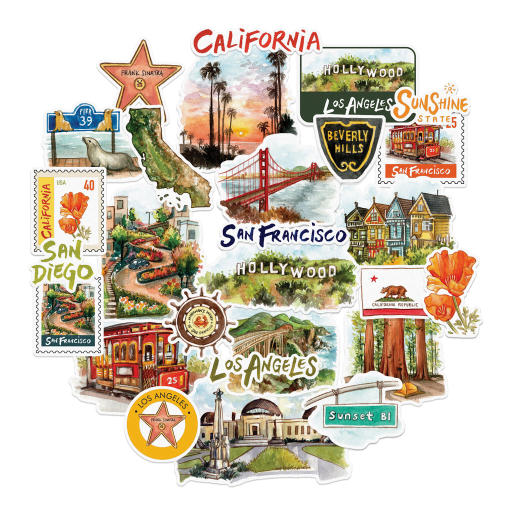 Sunny California Watercolor Travel Stickers for Scrapbook and Journal (28 pcs)