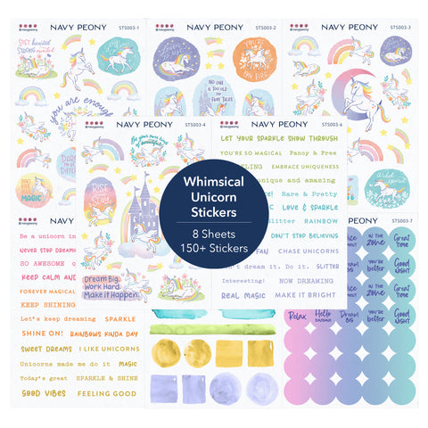 Whimsical Unicorn Self-Care Stickers Sheets (8 Sheets, 150+ Stickers) - A6 Size, Washi/Waterproof Paper Mix