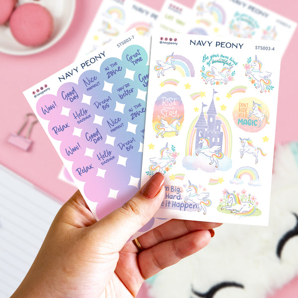 Whimsical Unicorn Self-Care Stickers Sheets (8 Sheets, 150+ Stickers) - A6 Size, Washi/Waterproof Paper Mix