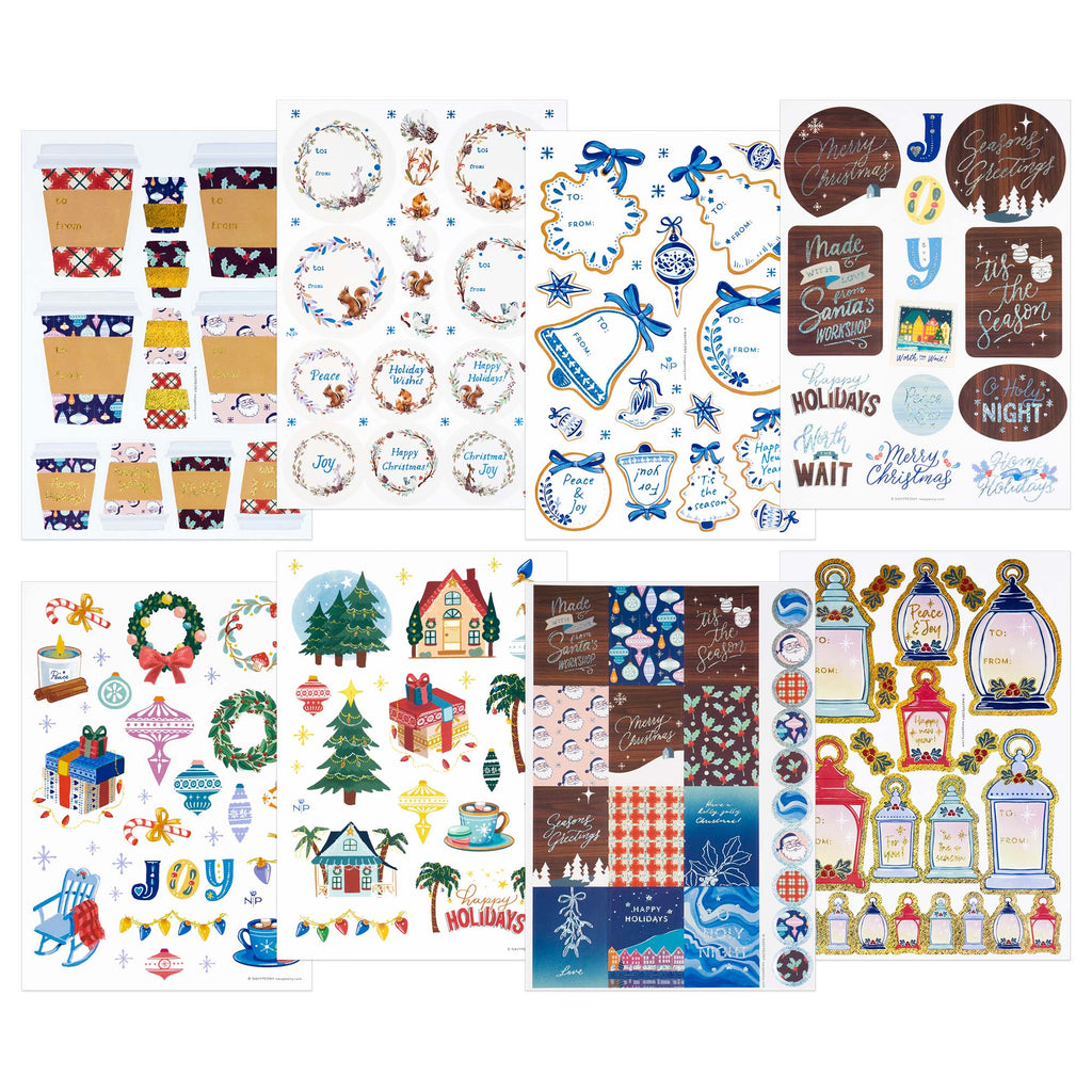 Holiday Gift Tags, Labels and Sticker Sheets in Glitters and Metallic Foil (8 Sheets, 180+ Stickers)