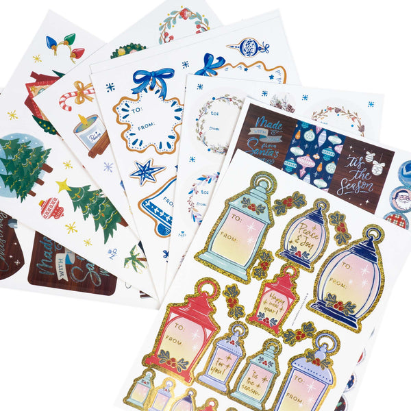 Holiday Gift Tags, Labels and Sticker Sheets in Glitters and Metallic Foil (8 Sheets, 180+ Stickers)