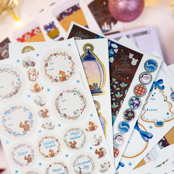 Holiday Gift Tags, Labels and Sticker Sheets in Glitters and Metallic Foil (8 Sheets, 180+ Stickers)