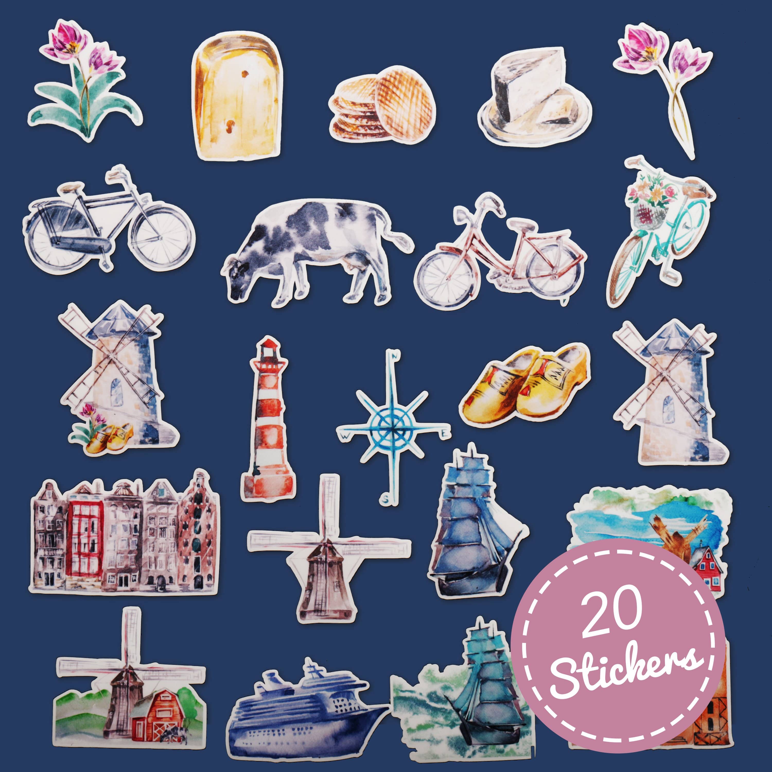 Navy Peony Blooming Netherlands Holland Travel Stickers (22 pcs) - Navy Peony