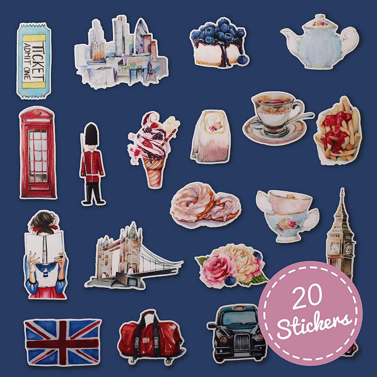 Navy Peony Eccentric England Travel Stickers (20 pcs) - Navy Peony
