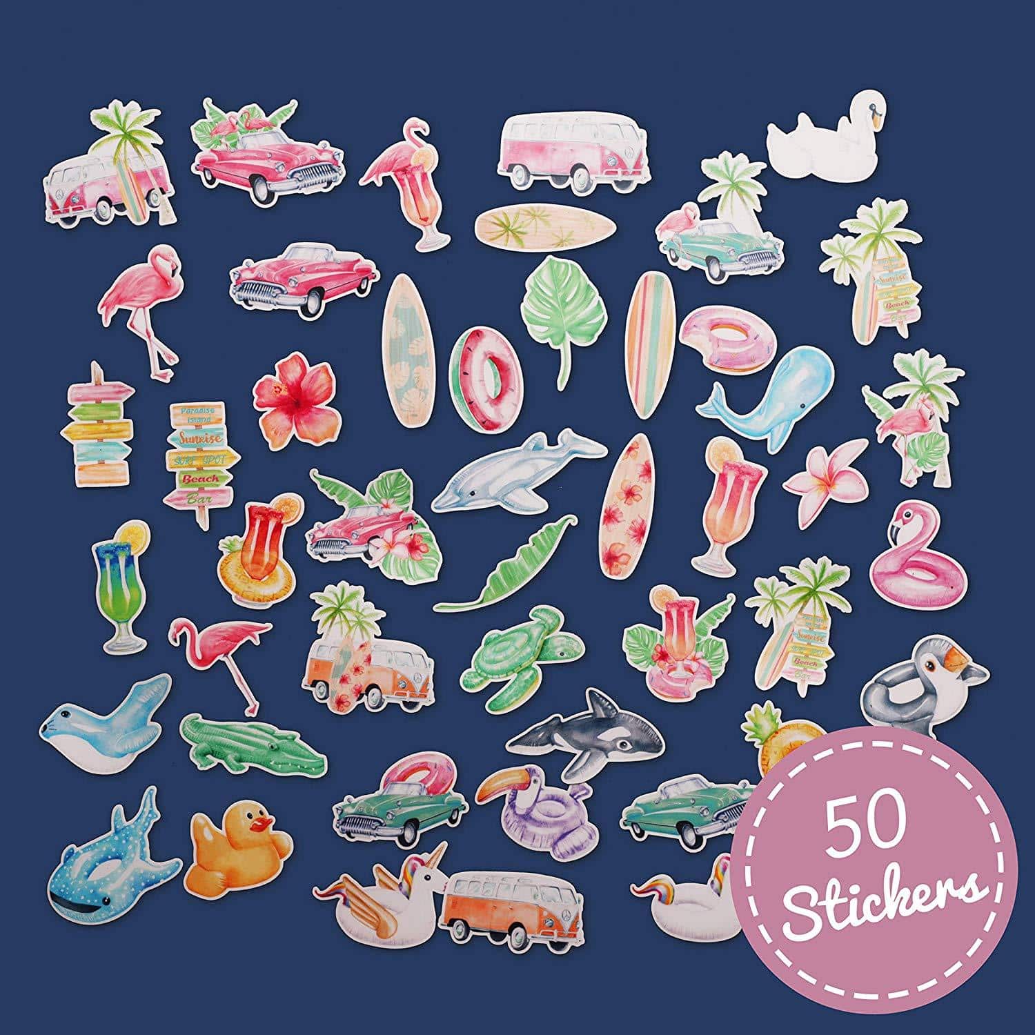 Navy Peony Hawaiian Dreams Tropical Beach Stickers (50 pcs) - Navy Peony