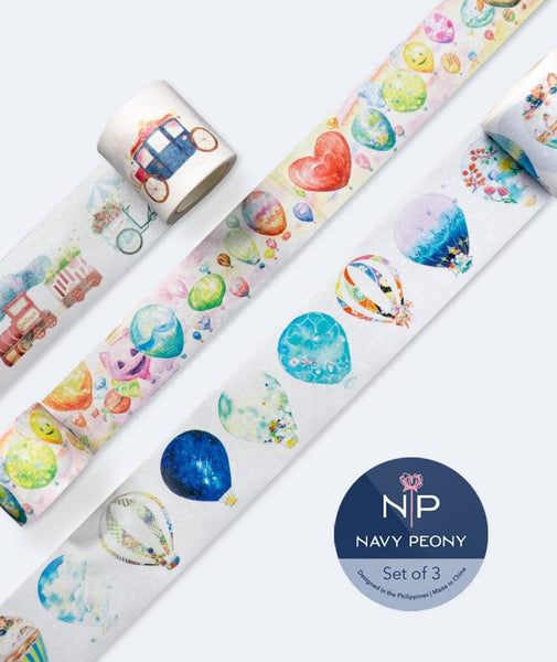 Hot Air Balloon and Fairytale Carriage Washi Tape (Set of 3) - Navy Peony