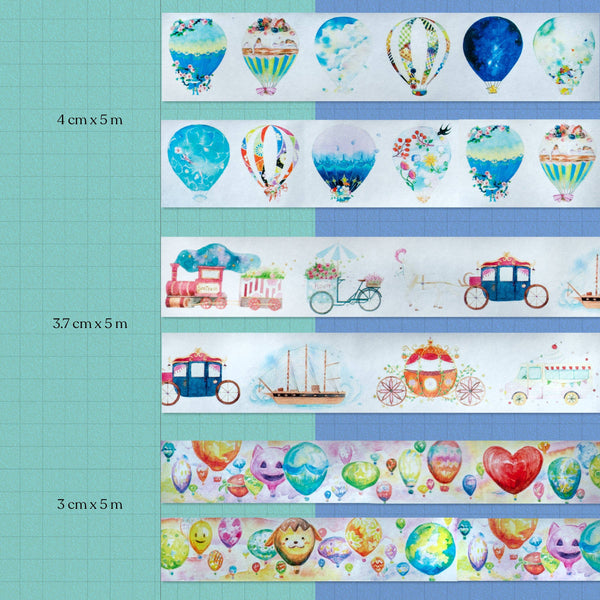 Hot Air Balloon and Fairytale Carriage Washi Tape (Set of 3) - Navy Peony