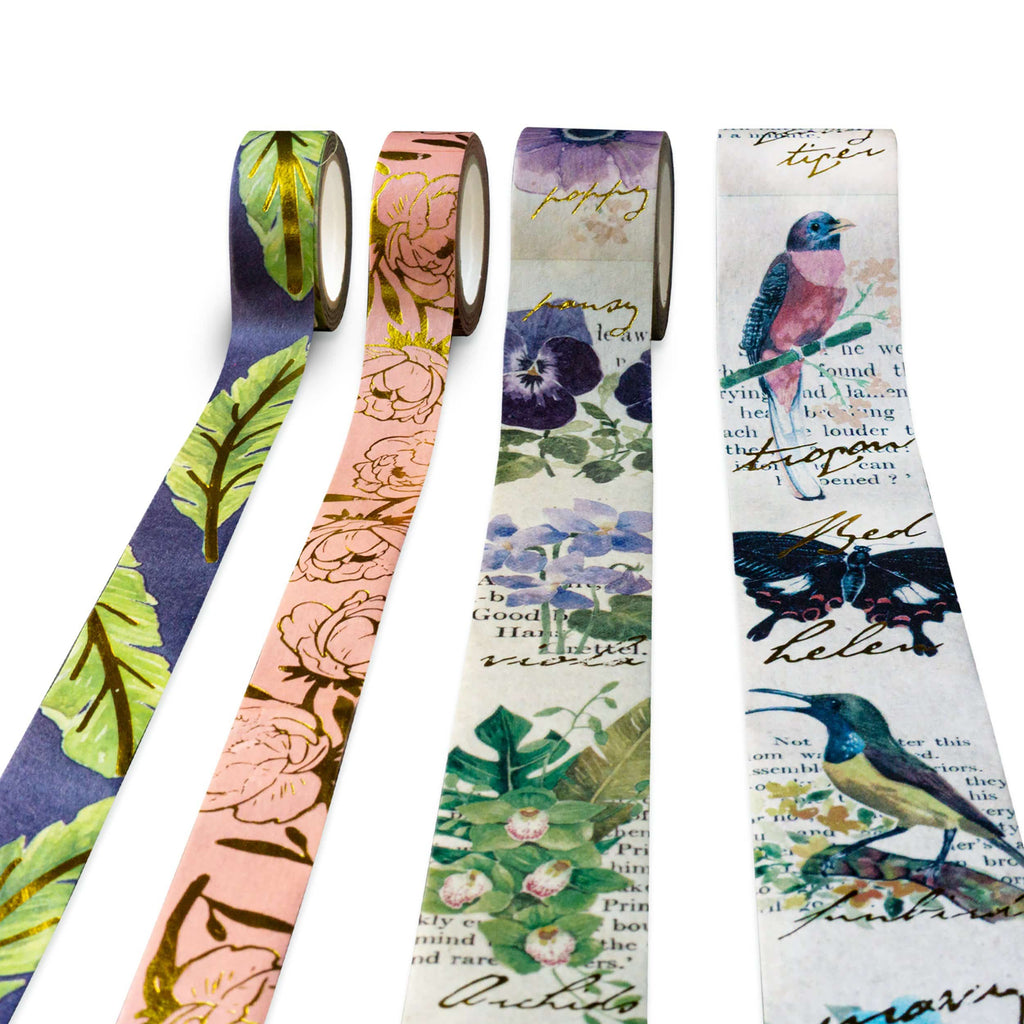Gold Foil Japanese Retro Washi Tape - Set of 6 - Flower and Bird